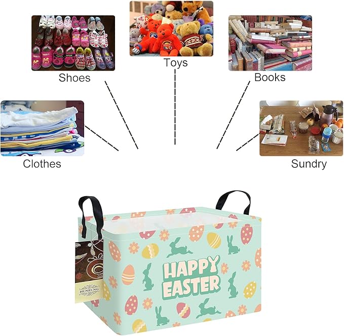 HUNRUNG Rectangle Storage Basket Cute Canvas Organizer Bin for Pet/Children Toys, Books, Clothes Perfect for Rooms/Playroom(REC-Green Easter Egg)