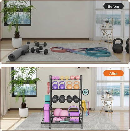 Dumbbell Rack, Adjustable Weight Rack for Home Gym Storage with 4 Wheels, Side Basket, Hooks, Multipurpose Metal Dumbbell Stand for Kettlebells, Yoga Gear, Strength Training Equipment, Black