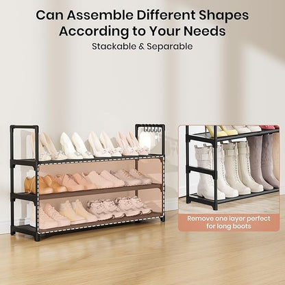 Shoe Rack for Closet Shoe Organizer Space Saver Storage for 12-15 Pair Shoe Shelf with Hook Free Standing 3 Tier Shoe Rack Organizer for Entryway, Small Spaces, Black