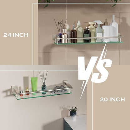 Glass Shelf for Bathroom Wall Sheves 24 inch Rectangular Stainless Steel Tempered Glass Modern Stainless Steel Wall Mount Accessories Organizers Storage (Brushed Nickel, 24‘’)