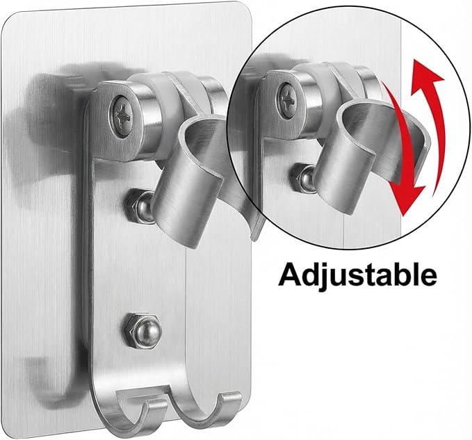 Adhesive Shower Head Holder with 2 Hanger Hooks, Adjustable Shower Wand Holder, Showers Head Holders Wall Mount with Hanger Hooks, No Drill Space Aluminum Showers Wand Stand