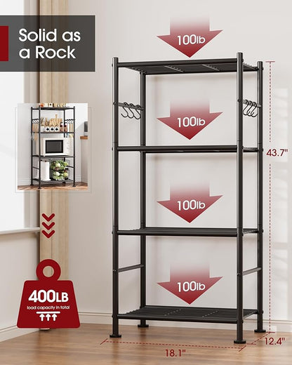 Storage Shelves - 4-Tier Large Capacity Shelf Organizer with Hooks, Heavy-Duty Garage Shelving with Leveling Feet, Wobble-Free Rack for Bedroom, Balcony, Garage, 18.1"×12.4"×43.7", Black