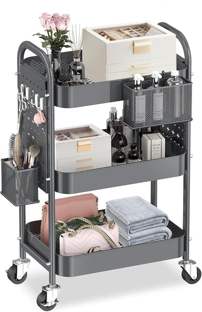 ALVOROG 3 Tier Rolling Cart with DIY Pegboards Metal Utility Cart with Wheels Handles Baskets Hooks, Storage Cart for Office Kitchen Bathroom(Gray)