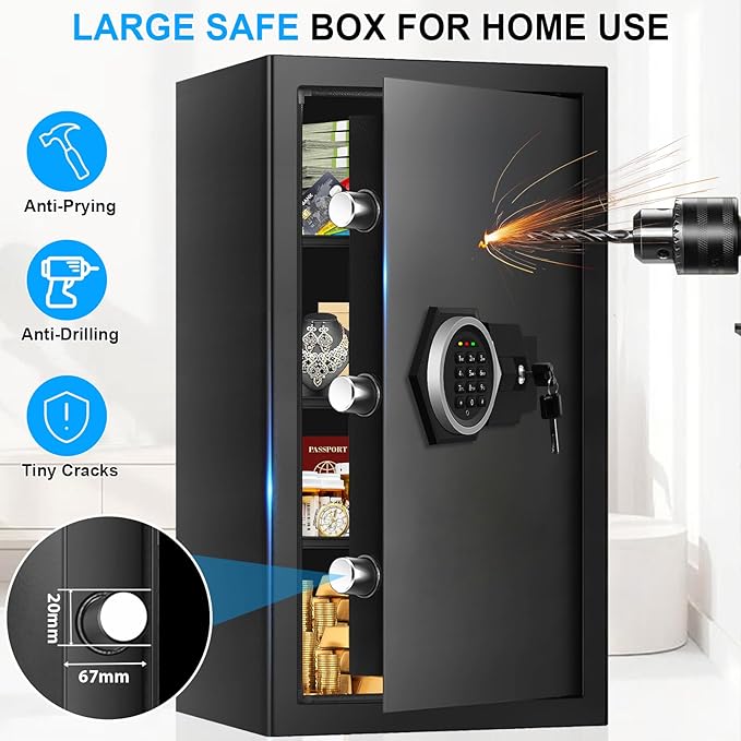 5.3 Cub Large Safes for Home Use Fire and Water Proof, Security Digital Fireproof Safe Box with Programmable Keypad, Spare Keys & Removable Shelf, Anti-Theft Document Safe for Money Medicine Valuables