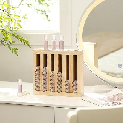 1 Pcs 6 Slot Wooden Lipsticks Holder 0.7 Inch Lip Balm Tube Holder Lip Gloss Organizer Display Wood Lipsticks Tube Tower Organizer for Market Craft Booth Room Display (Wood Color)