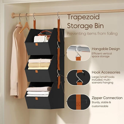 Collapsible Hanging Closet Organizer - 6 Tier Closet Shelves Storage System with Hooks, Fabric Hanging Storage Bins for Clothes, Foldable Storage Basket for Laundry, Bedroom, Rv, Black