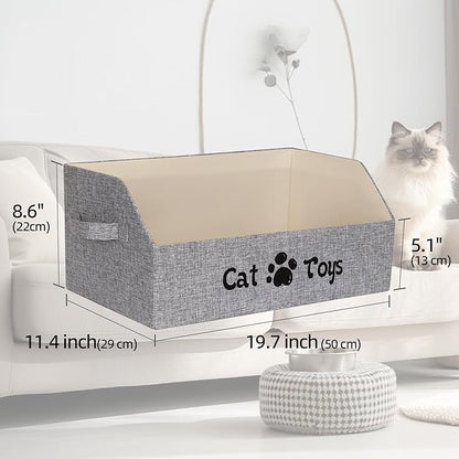 19.7 in Cat Toy Bin, Cat Toy Storage Box Kitten Toy Basket Collapsible Pet Supplies Storage Chest Holder Organizer with Handles for Organizing Dogs Cats Toys Clothes Accessories, Gray