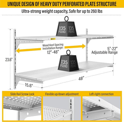 2 Tier 1.3x4ft Garage Shelving Wall Mounted, 15.6x48inch per Shelf Height Cassette Adjustable Floating Shelves (White)