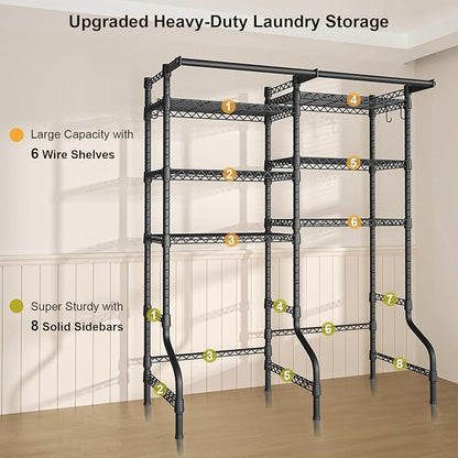 Ulif U13 Over Washer and Dryer Storage Shelves, 6 Tiers Laundry Room Standing Shelf with 2 Hanger Rods, Space Saver Clothes Drying Rack, 63.4" W x 22" D x 77.4" H, Black