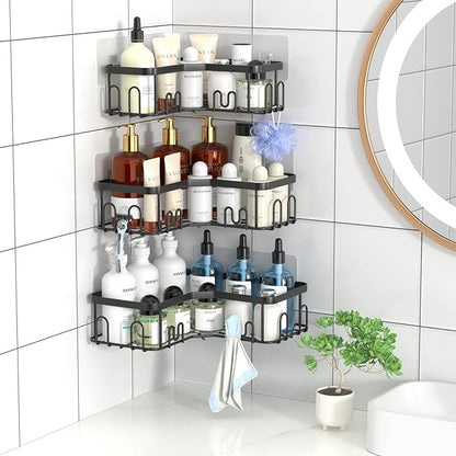 Menbyci 3 Pack Corner Shower Caddy, Adhesive Bathroom Shelves with 18 Hooks, Drill-Free & Quick-Dry Shower Organizer with Large Capacity, Rustproof Stainless Steel Bathroom Corner Storage Rack, Black