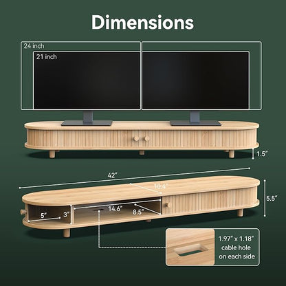 Bamboo Dual Monitor Stand with Storage, Curved Double Computer Laptop Stand Desk Shelf Organizer with Sliding Doors (42 inch)