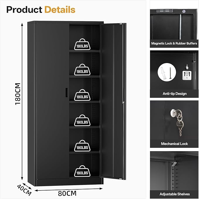 Metal Garage Storage Cabinets,71” Tall Metal File Cabinet with 5 Adjustable Shelves, Lockable Storage Cabinets for Office, Home, Garage, Warehouse 71" H x 32" W x 16" D (Black)