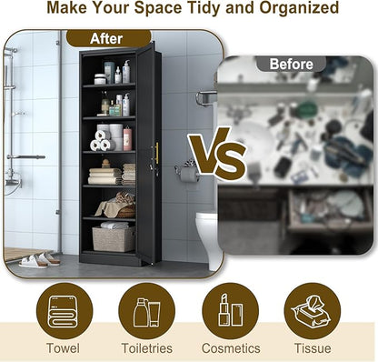 67" Metal Storage Cabinet with Lock, Tall Narrow Office File Cabinets with 5 Adjustable Shelves, Metal Steel Locker for Home, School, Office, Garage or Gym (Black)