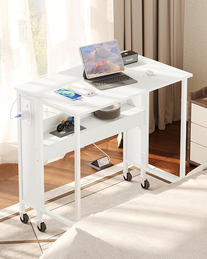 31.5" Modern White Folding Computer Desk with Power Outlets, Wheels, Storage, Perfect for Small Spaces White TDN01UWB