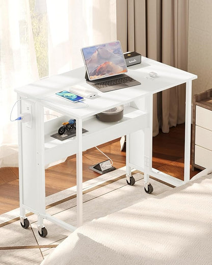 31.5" Modern White Folding Computer Desk with Power Outlets, Wheels, Storage, Perfect for Small Spaces White TDN01UWB