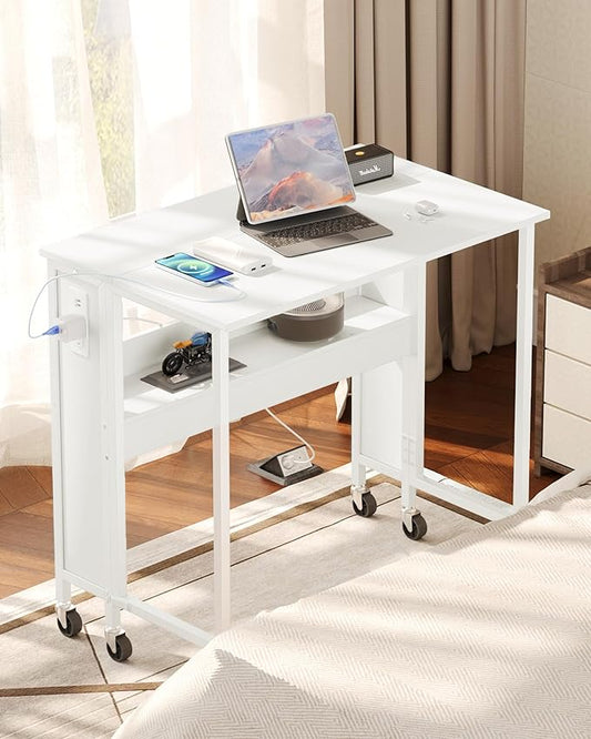 31.5" Modern White Folding Computer Desk with Power Outlets, Wheels, Storage, Perfect for Small Spaces White TDN01UWB