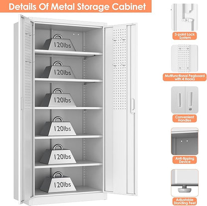 Metal Storage Cabinet with 5 Adjustable Shelves and Pegboard, 71" H White Garage Storage Cabinet with Doors, Metal File Cabinet for Garage,Home, Office, White, Assembly Required