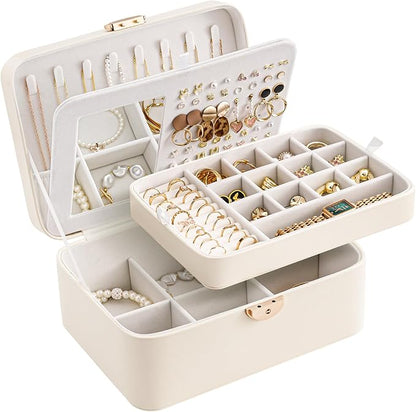 Lolalet 2 Layer Jewelry Box with Lock and Key for Teen Girls & Young Women, Jewelry Organizer Case with Round Clasp and Mirror for Earrings Rings Necklaces Storage, Gift Idea -Cloud White