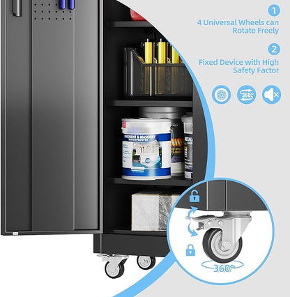 Lockable Garage Storage Cabinet with Wheels and Pegboard, 71" H Black Metal Storage Cabinet with 5 Adjustable Shelves and 4 Hooks for Garage, Home, Assembly Required, Black