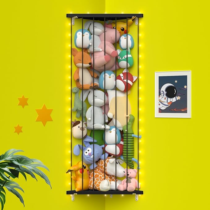 Corner Stuffed Animal Storage Net - Stuffed Animals Holder with Lights - Plush Organizer Hanging Stuffed Animal Hammock with Adjustable Length