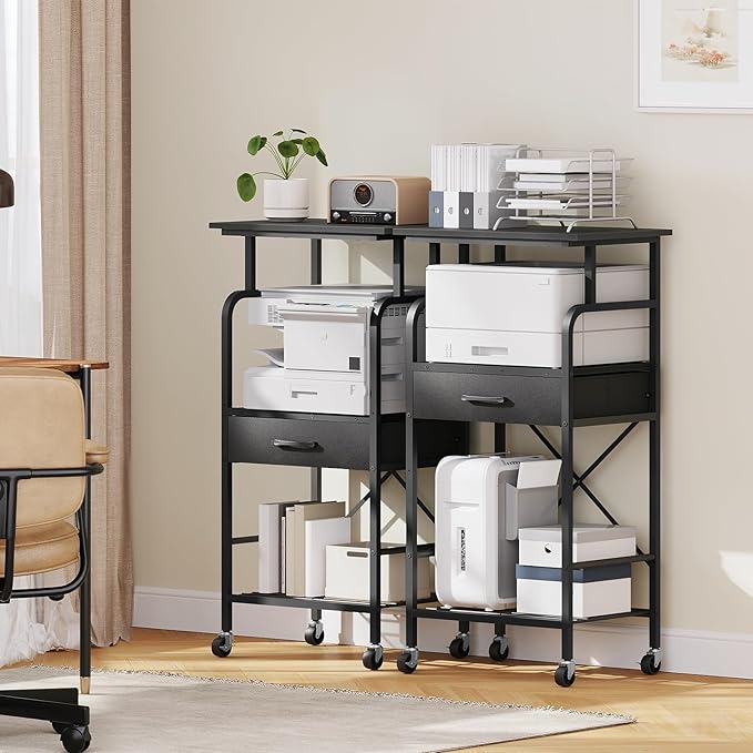 Tall Printer Stand, 3 Tier Printer Cart with Storage, Industrial Printer Table on Wheels, Adjustable Shelf & Fabric Drawer, for Home Office Study Black PTBK5501