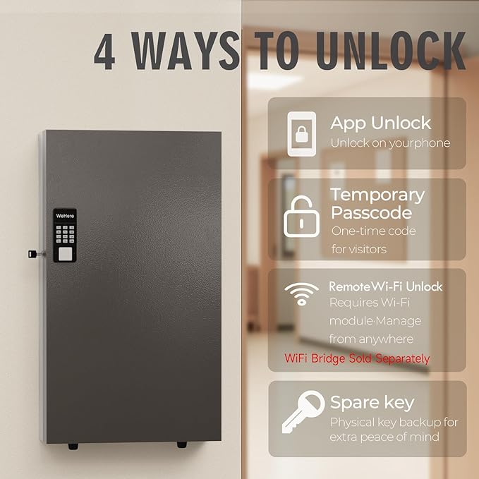 WeHere Key Lock Box with Code, 360-Key Cabinet with Bluetooth App Access, One-Time Password Unlock, Remote Unlock via Gateway, Steel Key Storage Box for Office, School, Garage and Property Management