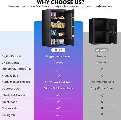[27.57''] Tall Safe Box, Home Safe with Fireproof Waterproof Bag, 6.0 Cuft Anti-Theft Digital Security Lock Box with Smart Alert System, Removable Shelf, Mute Function, Document Safes for Jewelry