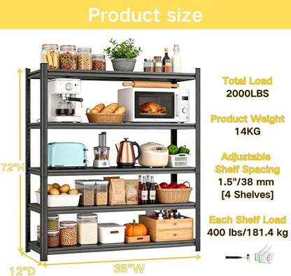 Kitchen Storage Shelves, 72''H*35''W Microwave Stand, Adjustable Metal Shelving, 2000LBS Bakers Rack, Black Kitchen Shelf, 5-Tier Shelving Unit for Bathroom, Pantry, Laundry, Closet, Garage