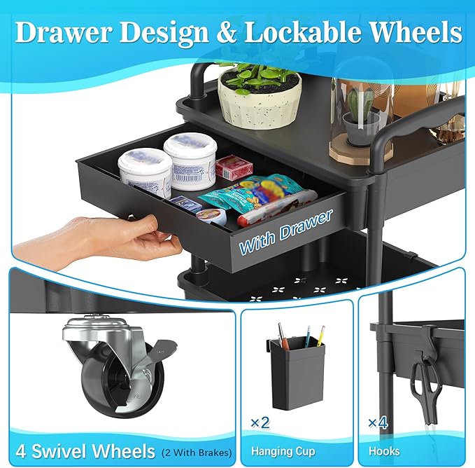 3 Tier Rolling Storage Carts with Removable Drawers, Lockable Wheels, Hooks & Cup Holders – Easy Assembly Storage Organizer for Kitchen, Bathroom, Office, Craft Room, Makeup, Black