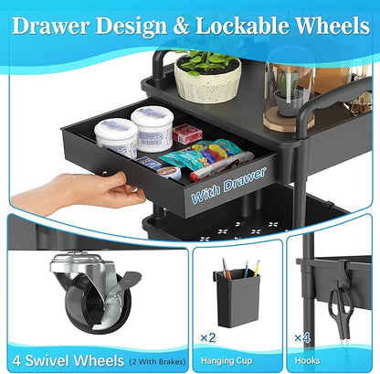3 Tier Rolling Storage Carts with Removable Drawers, Lockable Wheels, Hooks & Cup Holders – Easy Assembly Storage Organizer for Kitchen, Bathroom, Office, Craft Room, Makeup, Black