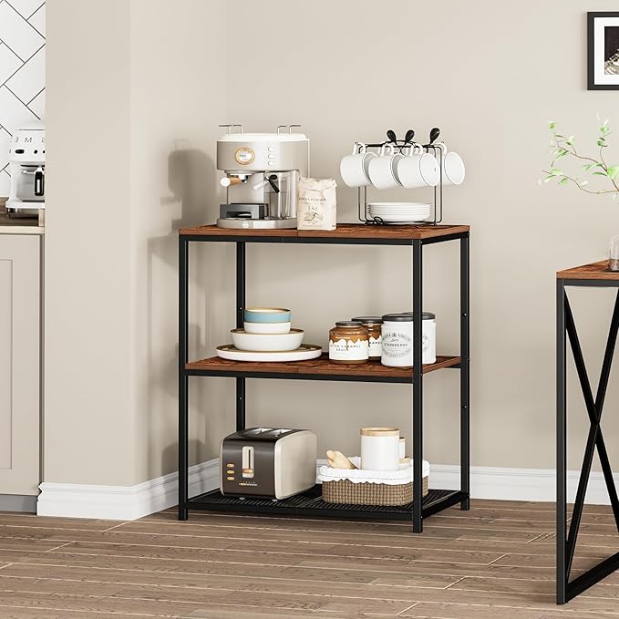 Kitchen Island with 3 Shelves, Kitchen Shelf with Large Workstation, Bakers Rack, Workbench, Metal Frame, Rustic Brown and Black