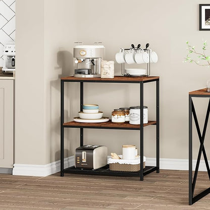 Kitchen Island with 3 Shelves, Kitchen Shelf with Large Workstation, Bakers Rack, Workbench, Metal Frame, Rustic Brown and Black