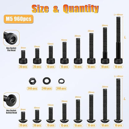 Kadrick Metric Screw Assortment, 960PCS M5 Screw Assortment Kit,M5 Bolts Nuts Washers, Grade 10.9 Alloy Steel Hex Socket Black Screws,Lenth Form 8MM-40MM