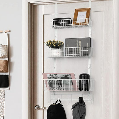 YBING Over The Door Organizer with Hooks Door Hanger Towel Rack with 3 Mesh Baskets Back of Door Hanging Shelf Organizer Behind Door Pantry Organizer for Bathroom Bedroom White