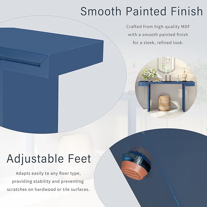 60" Large Console Table with Geometric Clean Lines Design,Stylish Entryway Table with Painted Finish and Adjustable Feet,Suitable for Living Room,Entryway,Navy Blue