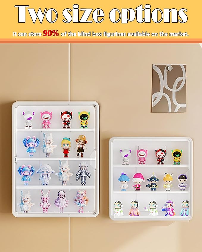 HGYZE Clear Display Case for Figures, 15.75" High, Wall Mounted Shelf with Magnetic Door, Hanging Display Case for Collectibles Action Doll Blindboxes Storage (White, 4-Layer 1 Pack)