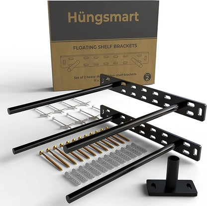 Set of 2 Floating Shelf Brackets 11 inch Multiple Mounting Location Baseplate/Heavy Duty Black Painted Mild Steel Bracket Hidden Wall Shelves Support Hardware Mount Kitchen/Nursery Decor(10 inch Rods)
