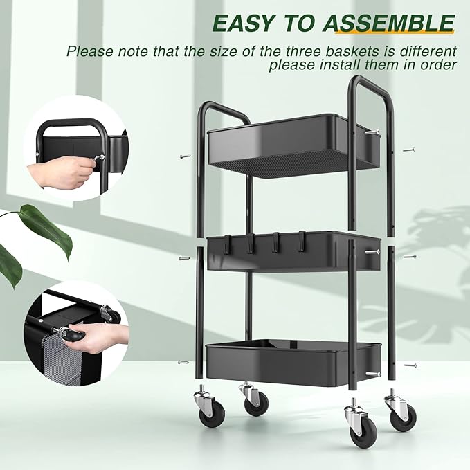 LEHOM 3 Tier Rolling Storage Cart, Metal Trolley Utility Cart with Wheels & Hooks, Easy Assembly Organizer Storage Cart for Bathroom Kitchen Office Bedroom
