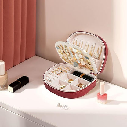 ProCase Travel Size Jewelry Box, Medium Portable Seashell-Shaped Jewelry Case, 2 Layer Jewelry Organizer in PU Leather for Women -Red