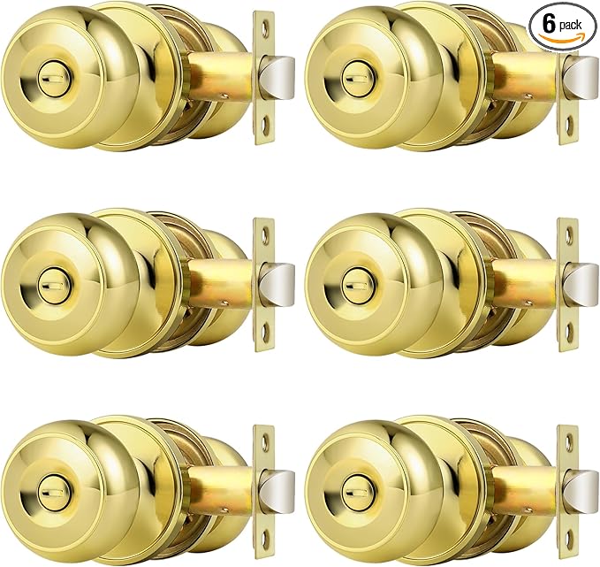 Probrico Polished Brass Door Knobs, Interior Door Knobs with Round Ball Knob, Nickel Privacy Door Knob for Bedroom Bathroom, 6 Pack