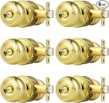 Probrico Polished Brass Door Knobs, Interior Door Knobs with Round Ball Knob, Nickel Privacy Door Knob for Bedroom Bathroom, 6 Pack