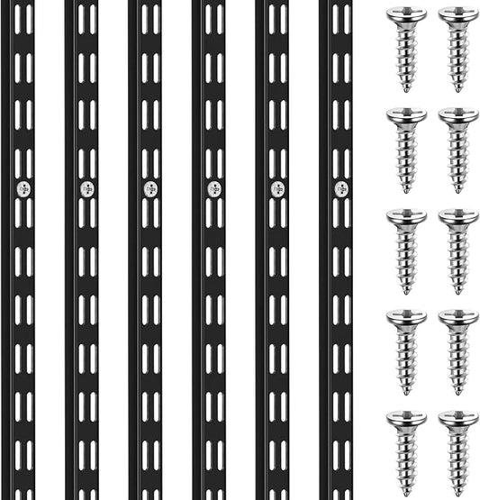 6 Pcs Dual Track Upright Wall Shelving System Heavy Duty Support System Twin Slot Shelf Rail Shelf Standards for Pantries Linen Closets Laundry Rooms(Black,25 Inch)