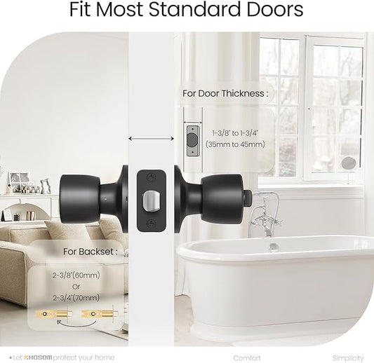 HOSOM Privacy Door Knob, Matte Black Door Knob Set Keyless Doorknobs Interior Door Lock for Bathroom, Bedroom, Black Door Handles, 2 Pack