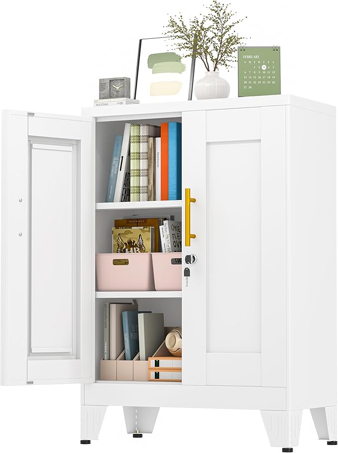 36" White Floor Storage Cabinet, Locked Metal Storage Cabinets with 2 Doors and 2 Adjustable Shelves, Sideboard Buffet Cabient, Freestanding Cabinet for Home/Office/Garage/Tool Room/Bathroom
