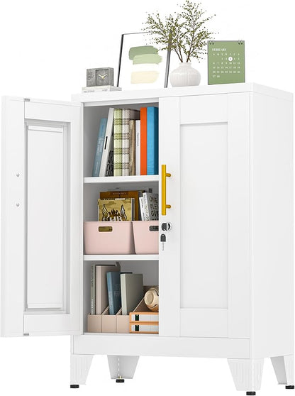 36" White Floor Storage Cabinet, Locked Metal Storage Cabinets with 2 Doors and 2 Adjustable Shelves, Sideboard Buffet Cabient, Freestanding Cabinet for Home/Office/Garage/Tool Room/Bathroom