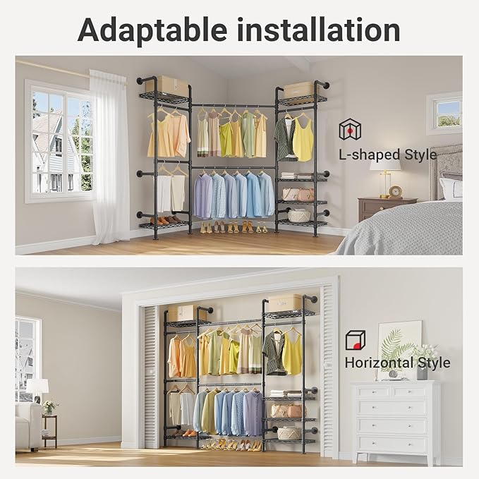 Timate F3 Medium Wall Mounted Clothes rack Expandable Closet, Industrial Pipe Clothing Rack for Hanging Clothes, Heavy Duty Clothes Rack with Shelves, Garment Rack Wall Closet System Black Pipe Closet