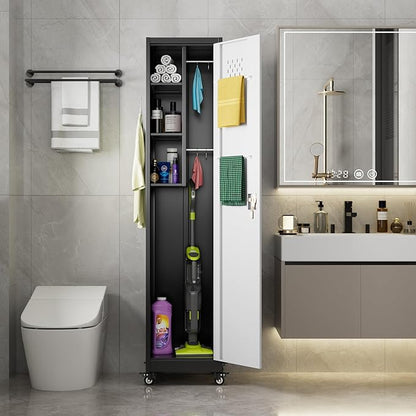 Broom Closet Storage Cabinet, 72" H Garage Storage Cabinet with Wheels, Lockable Door and Hooks for Garage Cleaning Supplies Broom Mops, Assembly Required,Black Gray