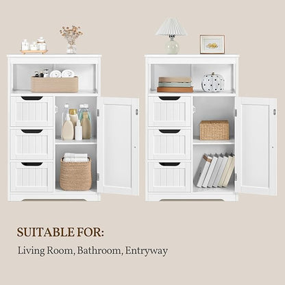 Yaheetech Bathroom Floor Cabinet Wooden Storage Organizer with 1 Door and 3 Drawers, Free-Standing Cupboard for Kitchen/Living Room/Bathroom Use, White