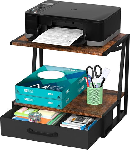 Alyoen Printer Stand for Desk with Storage Drawer, 3 Tier Desktop or Under Desk Printer Shelf, Large Printer Table Organizer for Home Office, Fit Fax Machine, Scanner