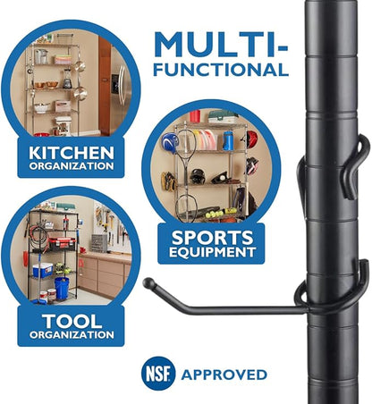 Shelf Pole Hooks 5-Pack | 4" Black All-Purpose Snap-On Hooks for 1" Wire, Metal & Metro Shelving | Heavy-Duty Garage, Pantry, Basement & Utility Storage Hooks